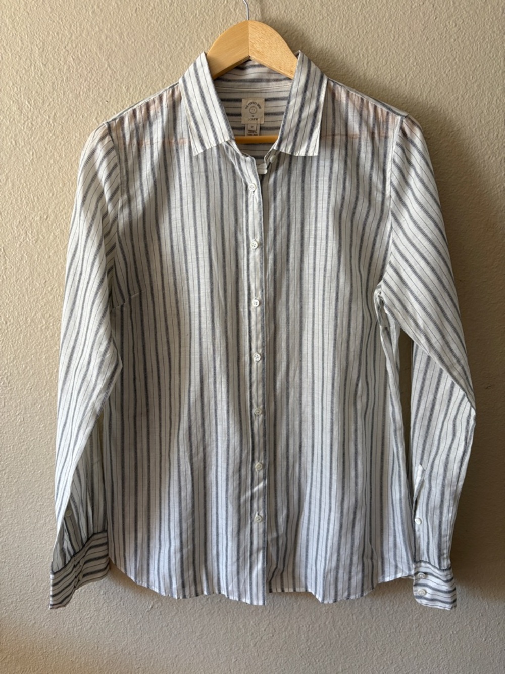J Crew Silk Cotton Button Down Shirt White Gray Stripe Women’s Blouse